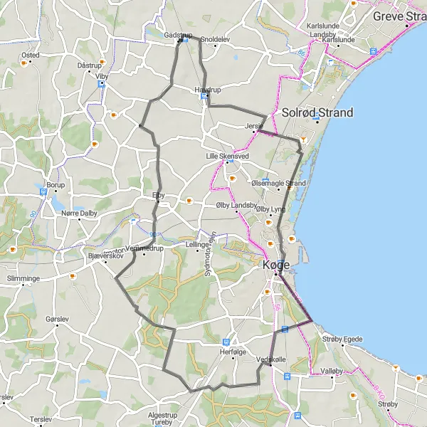 Map miniature of "Scenic Sjælland Road Loop" cycling inspiration in Sjælland, Denmark. Generated by Tarmacs.app cycling route planner