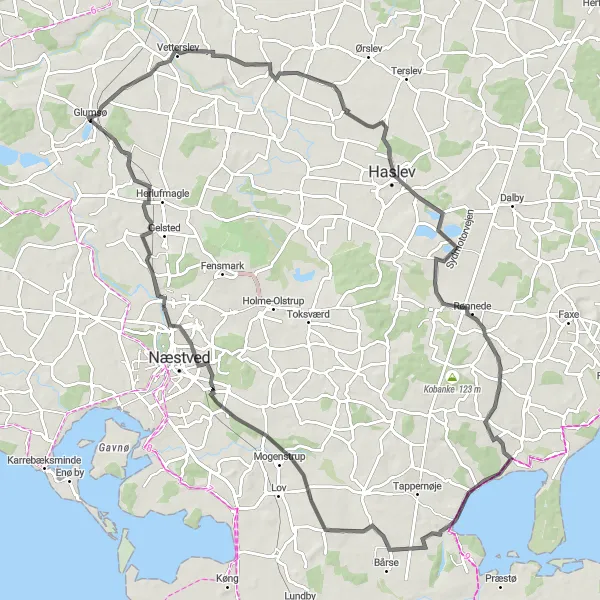 Map miniature of "Haslev to Glumsø" cycling inspiration in Sjælland, Denmark. Generated by Tarmacs.app cycling route planner