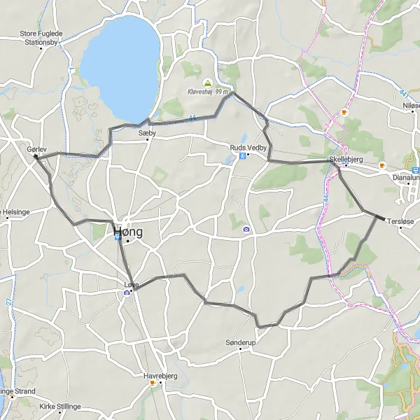 Map miniature of "Løve and Skellebjerg Loop" cycling inspiration in Sjælland, Denmark. Generated by Tarmacs.app cycling route planner