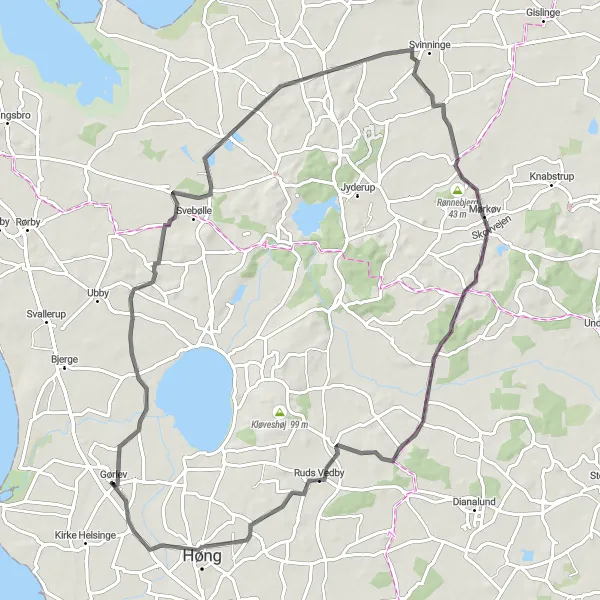 Map miniature of "The Fuglede Loop" cycling inspiration in Sjælland, Denmark. Generated by Tarmacs.app cycling route planner