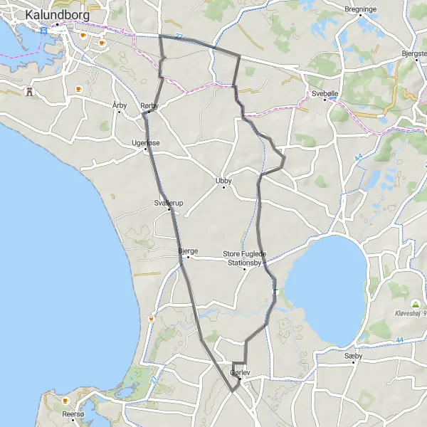 Map miniature of "The Fuglede Loop" cycling inspiration in Sjælland, Denmark. Generated by Tarmacs.app cycling route planner