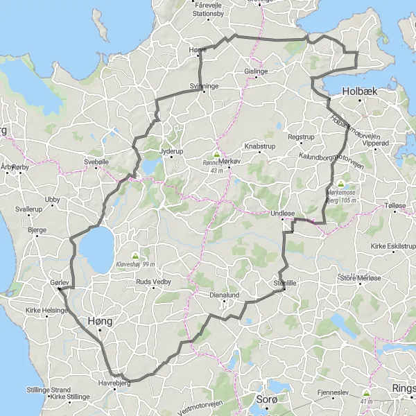 Map miniature of "The Hørve Epic Ride" cycling inspiration in Sjælland, Denmark. Generated by Tarmacs.app cycling route planner