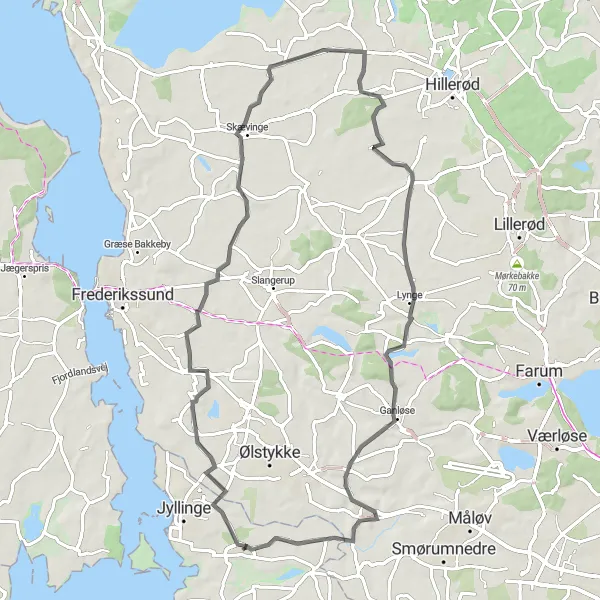 Map miniature of "Store Rørbæk and Lynge Cultural Excursion" cycling inspiration in Sjælland, Denmark. Generated by Tarmacs.app cycling route planner