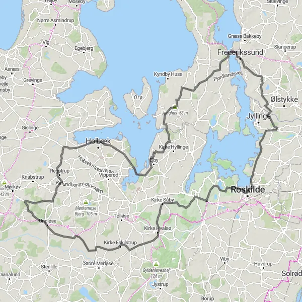 Map miniature of "Gundsømagle to Haraldsborg and back" cycling inspiration in Sjælland, Denmark. Generated by Tarmacs.app cycling route planner