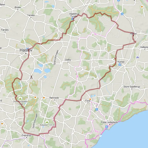 Map miniature of "Hårlev - Mørkebjerg - Haslev Loop" cycling inspiration in Sjælland, Denmark. Generated by Tarmacs.app cycling route planner
