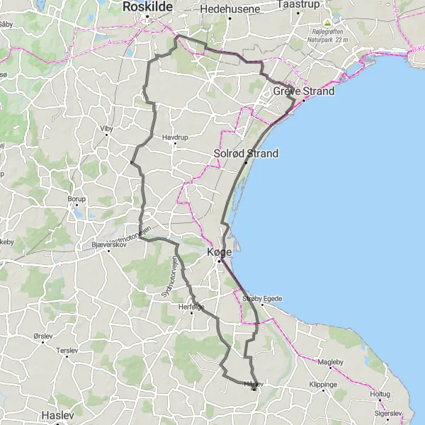 Map miniature of "Hårlev - Svansbjerg - Ejby - Vindinge - Greve - Solrød Strand - Havhøj - Himlingøje Loop" cycling inspiration in Sjælland, Denmark. Generated by Tarmacs.app cycling route planner