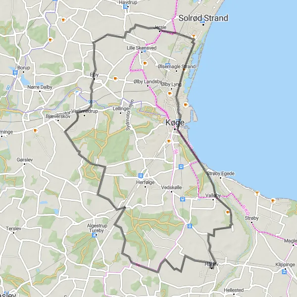 Map miniature of "Hårlev - Spanager - Jersie - Havhøj - Valløby - Himlingøje Loop" cycling inspiration in Sjælland, Denmark. Generated by Tarmacs.app cycling route planner