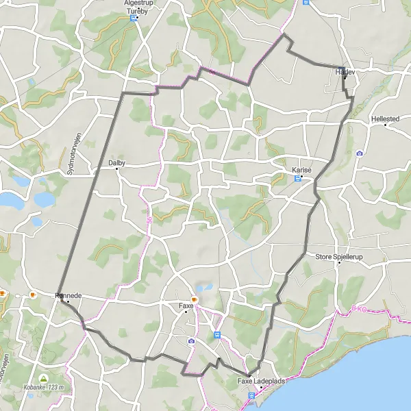 Map miniature of "Hårlev - Alslev - Faxe Ladeplads - Rønnede - Babberup Loop" cycling inspiration in Sjælland, Denmark. Generated by Tarmacs.app cycling route planner