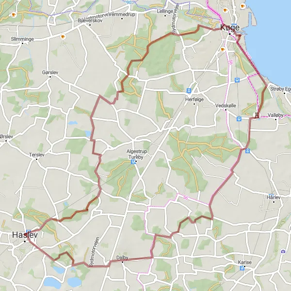 Map miniature of "Gravel Adventure: Haslev to Vallø Slot" cycling inspiration in Sjælland, Denmark. Generated by Tarmacs.app cycling route planner