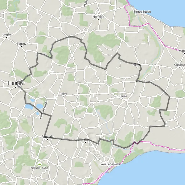 Map miniature of "Haslev to Fakse Kalkbrud Road Ride" cycling inspiration in Sjælland, Denmark. Generated by Tarmacs.app cycling route planner