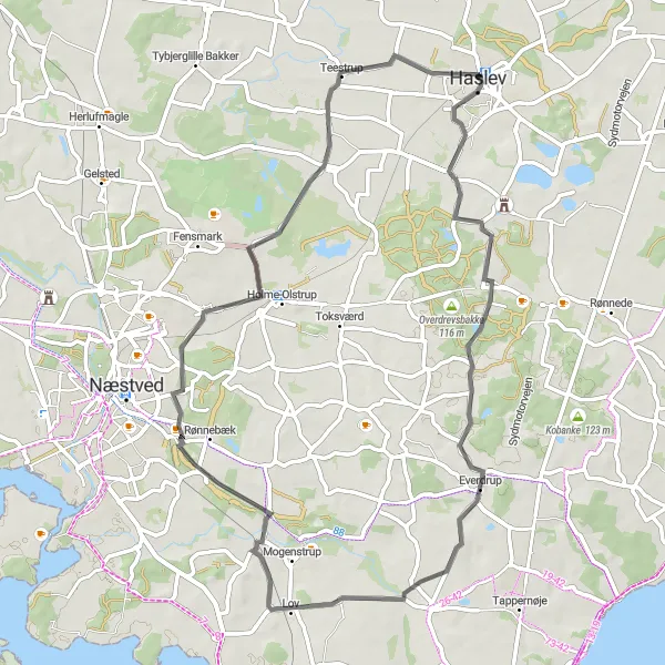 Map miniature of "Haslev to Vester Egede Road Route" cycling inspiration in Sjælland, Denmark. Generated by Tarmacs.app cycling route planner