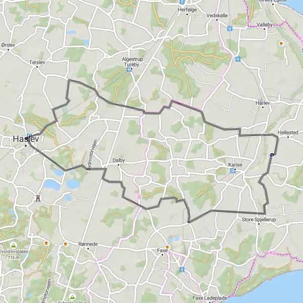 Map miniature of "Haslev to Store Spjellerup Road Ride" cycling inspiration in Sjælland, Denmark. Generated by Tarmacs.app cycling route planner