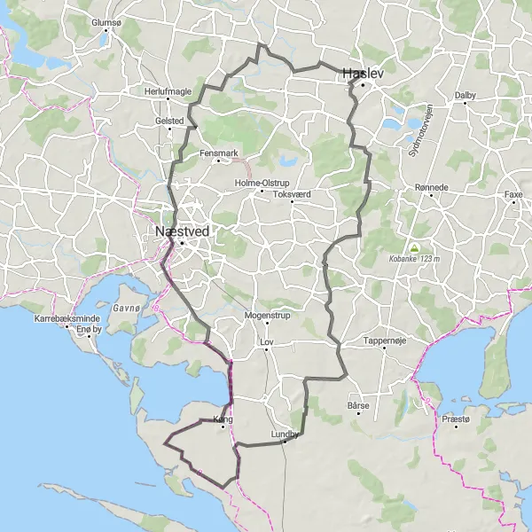 Map miniature of "The Næstved Loop" cycling inspiration in Sjælland, Denmark. Generated by Tarmacs.app cycling route planner