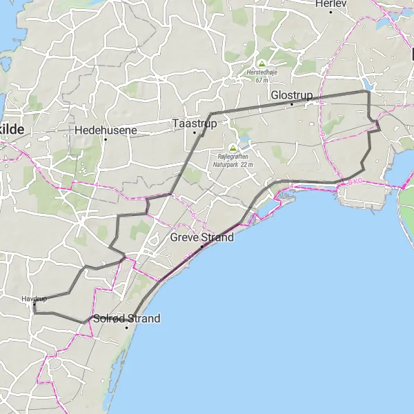 Map miniature of "Greve to Solrød" cycling inspiration in Sjælland, Denmark. Generated by Tarmacs.app cycling route planner