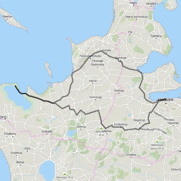 Map miniature of "Eskebjerg Challenge on Road" cycling inspiration in Sjælland, Denmark. Generated by Tarmacs.app cycling route planner