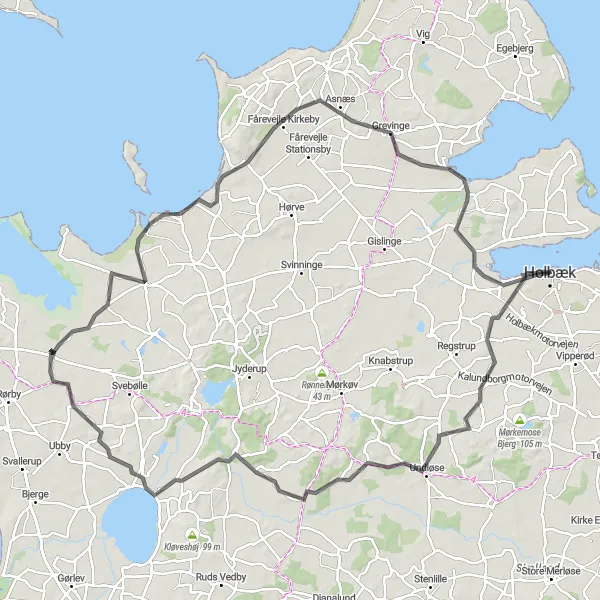 Miniaturekort af cykelinspirationen "Undløse til Holbæk Rundtur" i Sjælland, Denmark. Genereret af Tarmacs.app cykelruteplanlægger