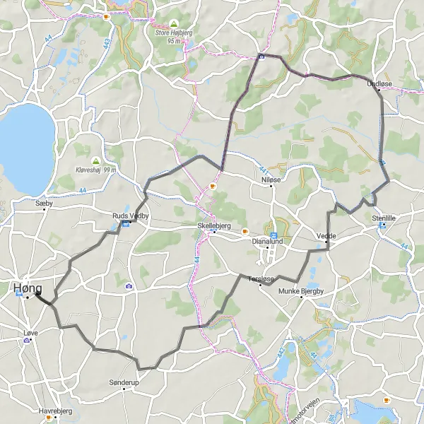 Map miniature of "Undløse Nature Ride" cycling inspiration in Sjælland, Denmark. Generated by Tarmacs.app cycling route planner