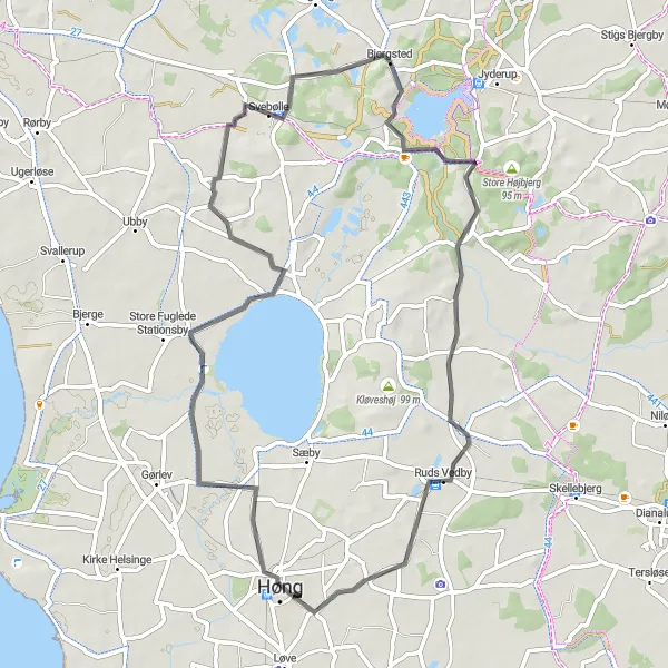 Miniaturekort af cykelinspirationen "Fuglede to Ruds Vedby Route" i Sjælland, Denmark. Genereret af Tarmacs.app cykelruteplanlægger