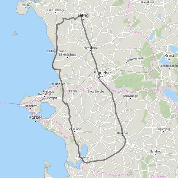 Map miniature of "Coastal Scenic Route" cycling inspiration in Sjælland, Denmark. Generated by Tarmacs.app cycling route planner