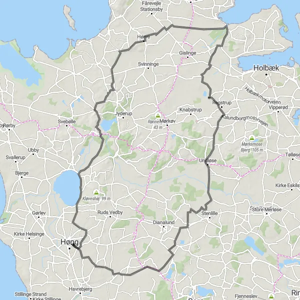 Miniaturekort af cykelinspirationen "Eventyr gennem Vedde og Regstrup" i Sjælland, Denmark. Genereret af Tarmacs.app cykelruteplanlægger