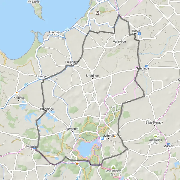 Map miniature of "Svinninge and Føllenslev Adventure" cycling inspiration in Sjælland, Denmark. Generated by Tarmacs.app cycling route planner