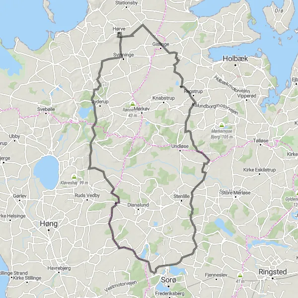 Map miniature of "Gislinge and Nørre Jernløse Adventure" cycling inspiration in Sjælland, Denmark. Generated by Tarmacs.app cycling route planner
