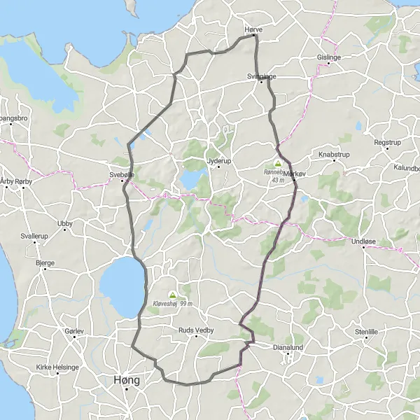 Map miniature of "Rønnebjerg and Føllenslev Loop" cycling inspiration in Sjælland, Denmark. Generated by Tarmacs.app cycling route planner