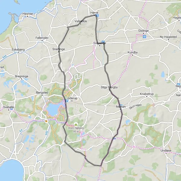 Map miniature of "Rønnebjerg and Vallekilde Loop" cycling inspiration in Sjælland, Denmark. Generated by Tarmacs.app cycling route planner