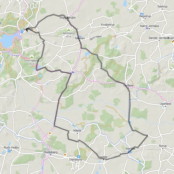 Map miniature of "The Hills of Jyderup" cycling inspiration in Sjælland, Denmark. Generated by Tarmacs.app cycling route planner