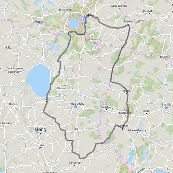 Map miniature of "Valleys and Villages" cycling inspiration in Sjælland, Denmark. Generated by Tarmacs.app cycling route planner