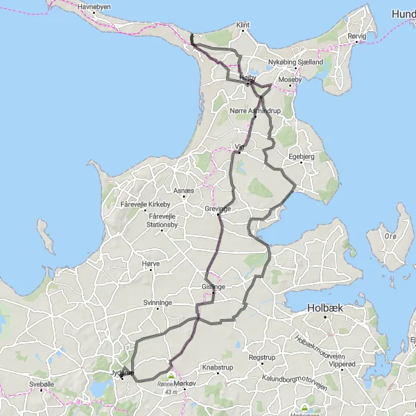 Miniaturekort af cykelinspirationen "Rønnebjerg til Gislinge via Højby" i Sjælland, Denmark. Genereret af Tarmacs.app cykelruteplanlægger