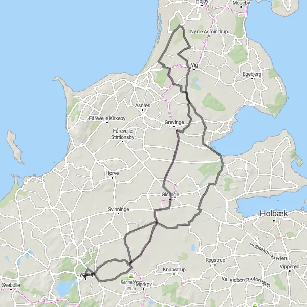 Map miniature of "The Coastal Culture" cycling inspiration in Sjælland, Denmark. Generated by Tarmacs.app cycling route planner