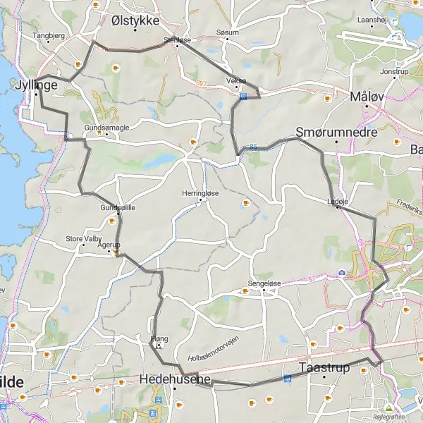 Miniaturekort af cykelinspirationen "Veksø til Jyllinge via Hedehusene" i Sjælland, Denmark. Genereret af Tarmacs.app cykelruteplanlægger