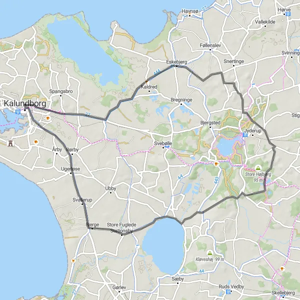 Map miniature of "The Kaldred Circuit" cycling inspiration in Sjælland, Denmark. Generated by Tarmacs.app cycling route planner