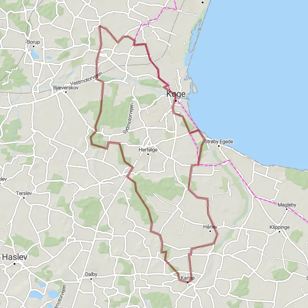 Map miniature of "Gravel Adventure in Karise" cycling inspiration in Sjælland, Denmark. Generated by Tarmacs.app cycling route planner