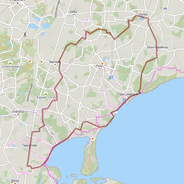 Map miniature of "The Faxe Gravel Loop" cycling inspiration in Sjælland, Denmark. Generated by Tarmacs.app cycling route planner