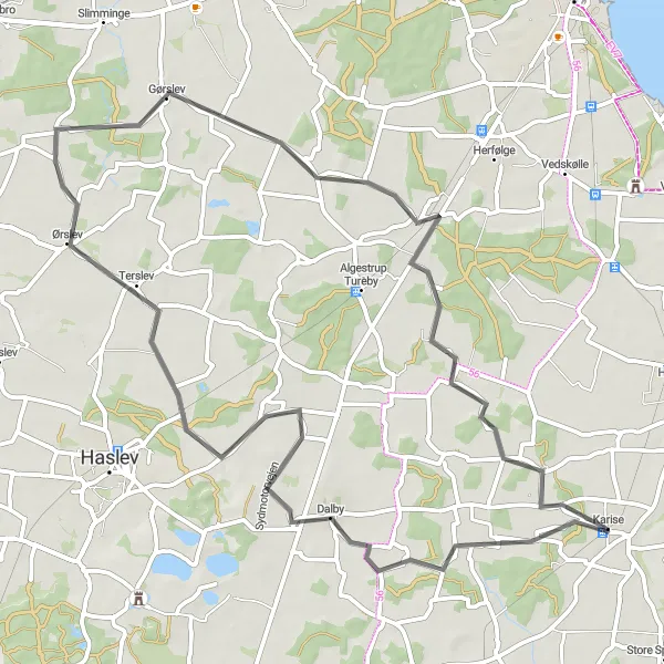 Map miniature of "Beautiful Karise Loop" cycling inspiration in Sjælland, Denmark. Generated by Tarmacs.app cycling route planner