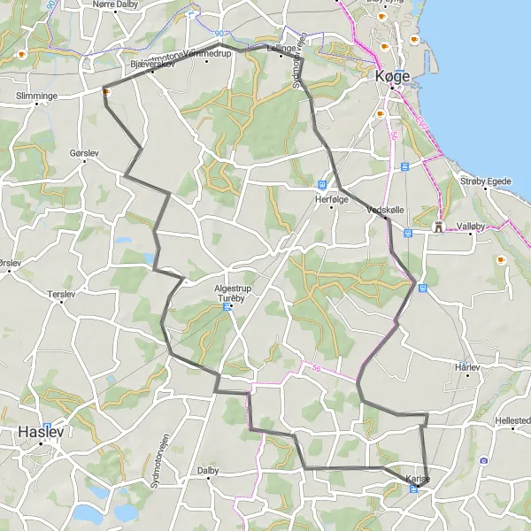 Map miniature of "Scenic Route to Bjæverskov" cycling inspiration in Sjælland, Denmark. Generated by Tarmacs.app cycling route planner