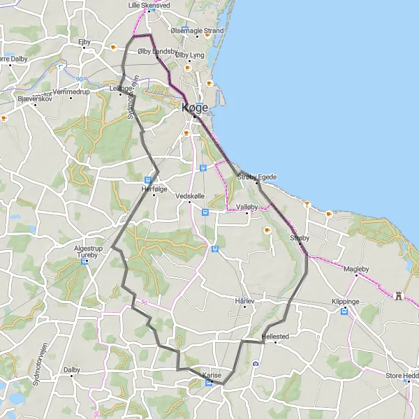 Map miniature of "Køge Coastal Loop" cycling inspiration in Sjælland, Denmark. Generated by Tarmacs.app cycling route planner