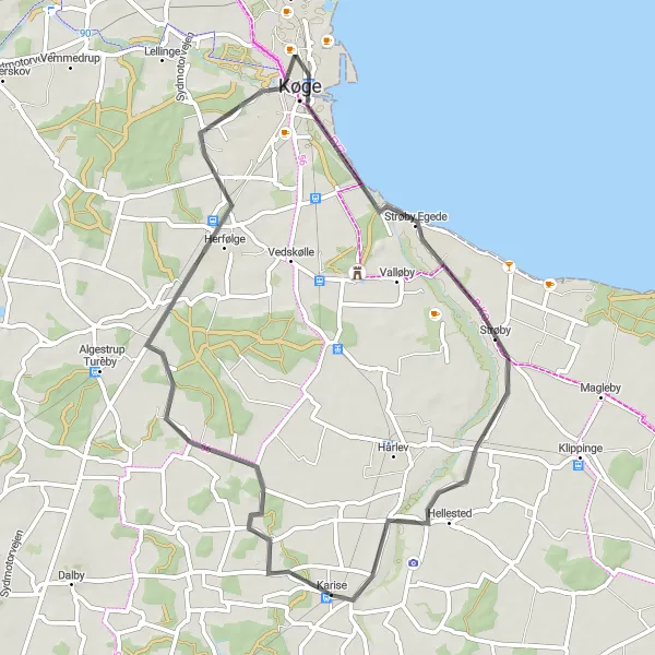 Map miniature of "Coastal Delights of Karise" cycling inspiration in Sjælland, Denmark. Generated by Tarmacs.app cycling route planner