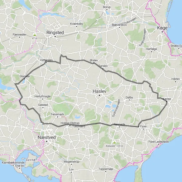 Map miniature of "Karise Extensive Tour" cycling inspiration in Sjælland, Denmark. Generated by Tarmacs.app cycling route planner