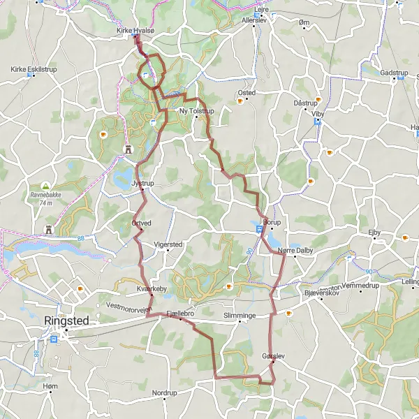 Map miniature of "Borup to Jystrup Gravel Adventure" cycling inspiration in Sjælland, Denmark. Generated by Tarmacs.app cycling route planner