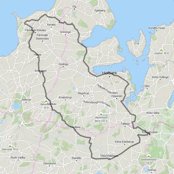 Miniaturekort af cykelinspirationen "Lang cykeltur gennem Holbæk og Rønnebjerg" i Sjælland, Denmark. Genereret af Tarmacs.app cykelruteplanlægger