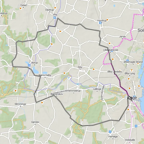 Map miniature of "The Coastal Scenic Route" cycling inspiration in Sjælland, Denmark. Generated by Tarmacs.app cycling route planner