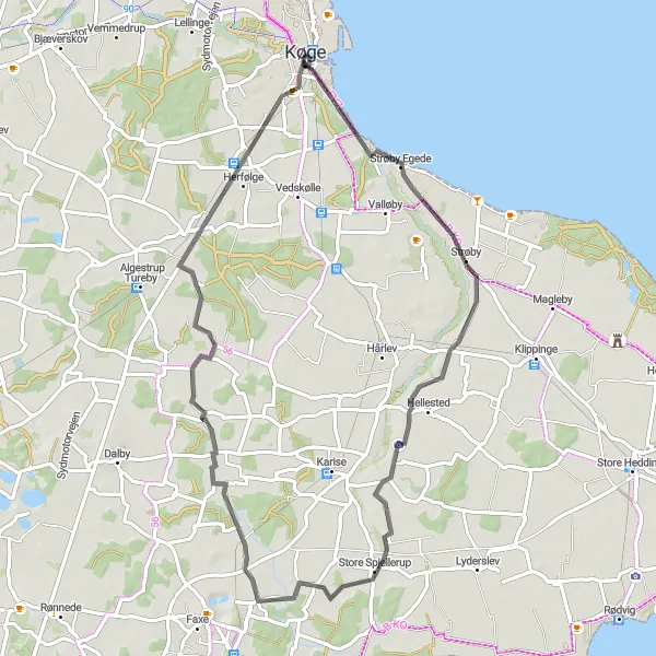 Map miniature of "The Coastal Delight" cycling inspiration in Sjælland, Denmark. Generated by Tarmacs.app cycling route planner