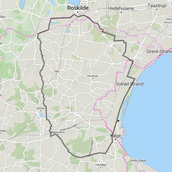 Map miniature of "Lejre to Solrød Strand Ride" cycling inspiration in Sjælland, Denmark. Generated by Tarmacs.app cycling route planner