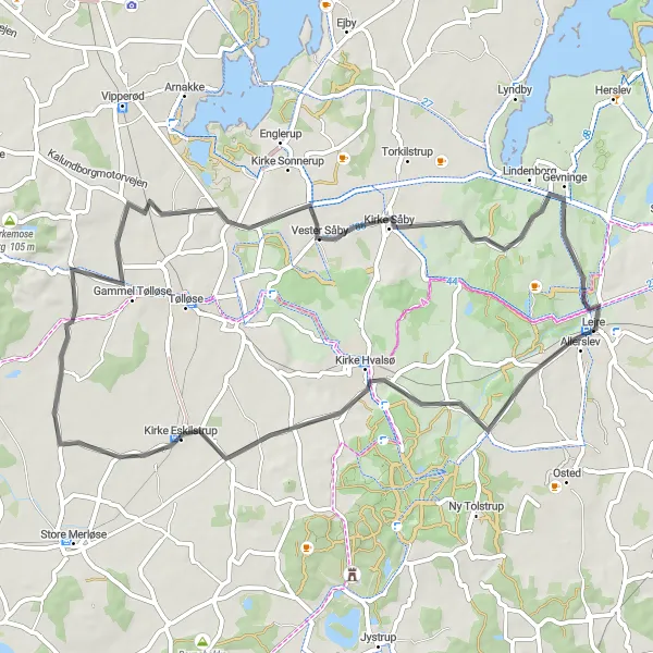 Map miniature of "Lejre to Kirke Hvalsø Loop" cycling inspiration in Sjælland, Denmark. Generated by Tarmacs.app cycling route planner