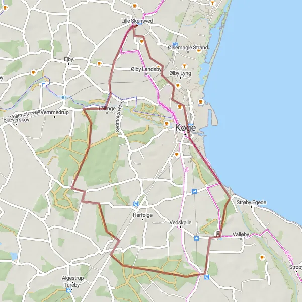 Map miniature of "Gravel Adventure to Lellinge" cycling inspiration in Sjælland, Denmark. Generated by Tarmacs.app cycling route planner