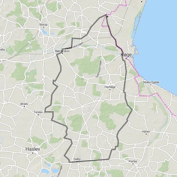 Map miniature of "The Køge Loop" cycling inspiration in Sjælland, Denmark. Generated by Tarmacs.app cycling route planner