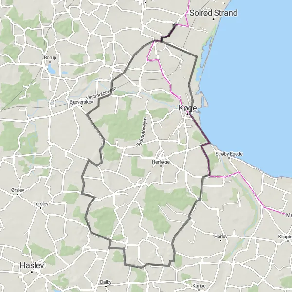 Map miniature of "Vallø Slot and Coastal Scenery" cycling inspiration in Sjælland, Denmark. Generated by Tarmacs.app cycling route planner